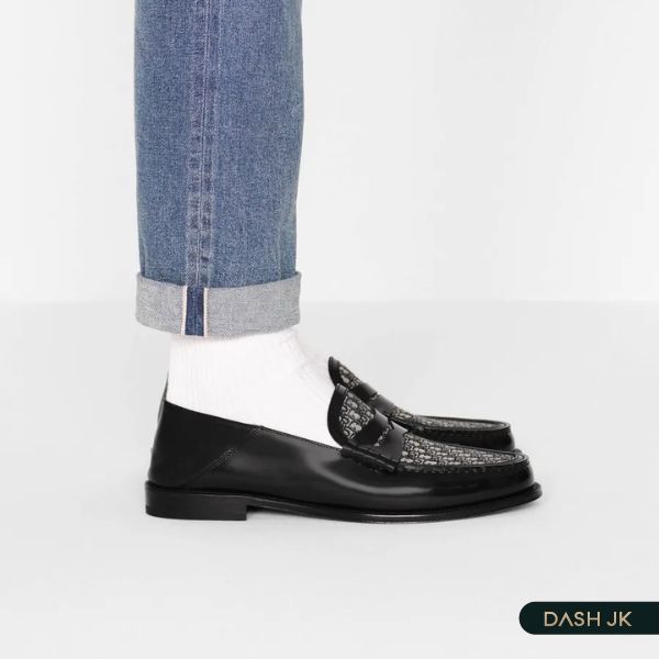 Giày Lười Dior Loafer Black Smooth Calfskin And Beige and Black Dior Oblique Jacquard gót gập linh hoạt