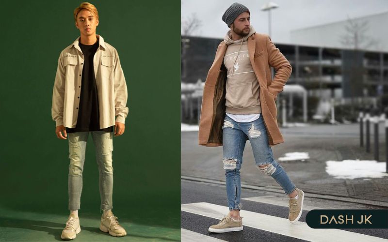 Phối đồ thu hút và cá tính với quần jeans và item giày màu kem