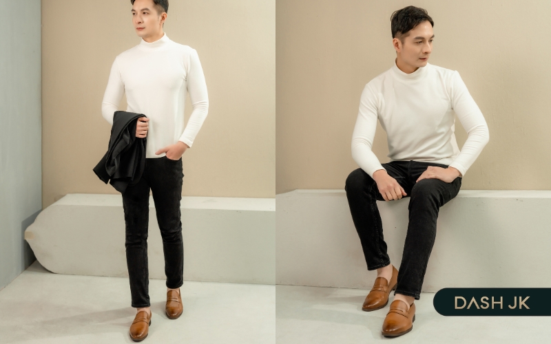 Kết hợp giày loafer nam cùng áo len cổ tròn, quần jean