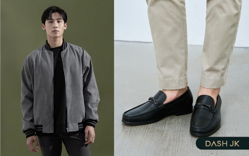 Giày Loafer nam phối đồ với áo Bomber và quần chinos