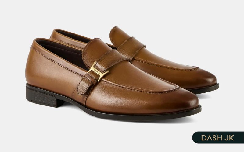 Giày loafer da bò cao cấp quai ngang kim loại sáng bóng sang trọng