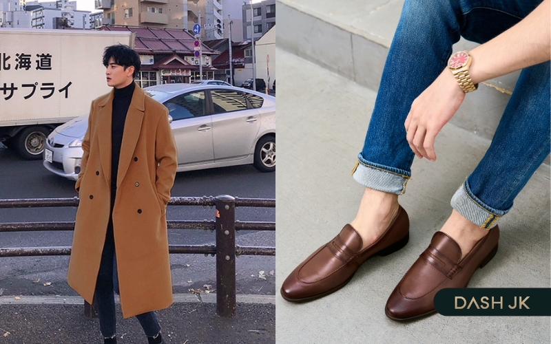 Phối đồ với giày Loafer áo khoác dạ mùa đông, quần jean